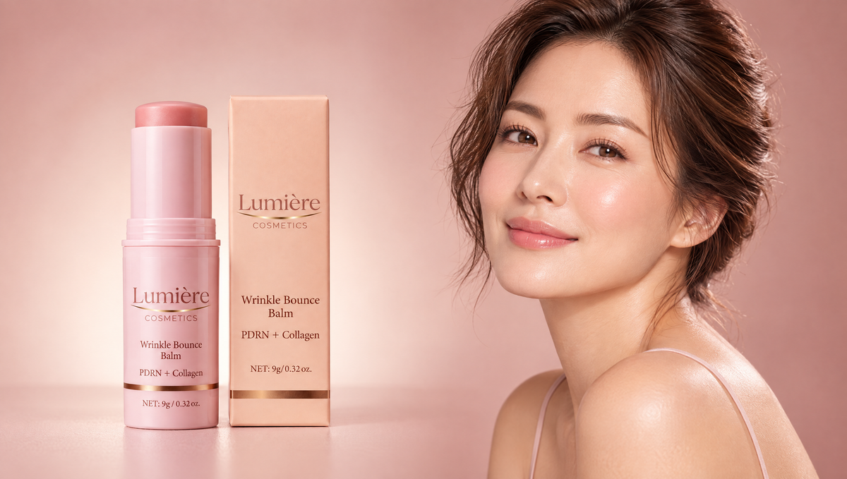 Lumière Wrinkle Bounce Balm hero — producto real a la izquierda, mujer con piel radiante a la derecha